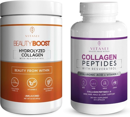 [BRSRAGAZCB5QOCYY] VITASEI Collagen Wellness Bundle – Hydrolyzed Collagen Peptides Powder & Collagen Peptide Capsules with Vitamin C & Resveratrol – Support for Hair, Skin, Nails, Bones, & Joints