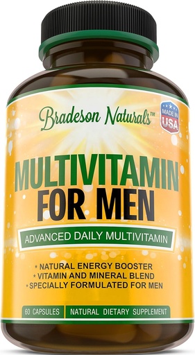 [BRSWKH3YBIABSGA4] Men's Multivitamin Supplement for Energy, Focus and Performance. Mens Vitamins A, C, D, E & B12, Zinc, Calcium, Magnesium & More. Multi Vitamin 60 Capsules Made in The USA