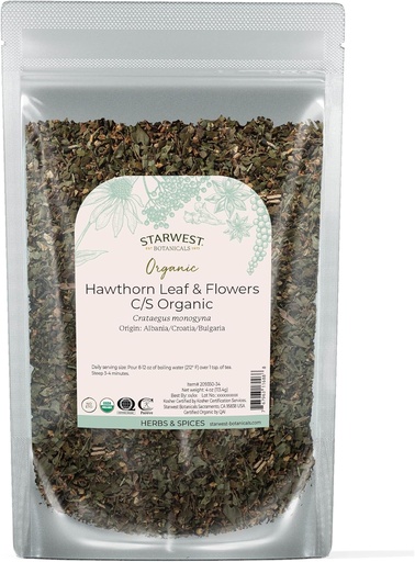 [BRSWIEY4OV6B2DI7] Starwest Botanicals Organic Hawthorn Leaves & Flowers - Dried Loose Leaf Herb for Tea, Natural Wellness Support for Women & Men, Cut & Sifted, Certified Kosher, Non-GMO - 4 oz Pouch