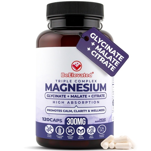 [BRSRAAYCO4HRUET4] High Absorption Triple Magnesium Complex for Sleep, Relaxation & Muscle Support – 300mg of Magnesium Glycinate, Citrate & Malate – Gentle on Stomach – Non-GMO, Vegan – 120 Capsules