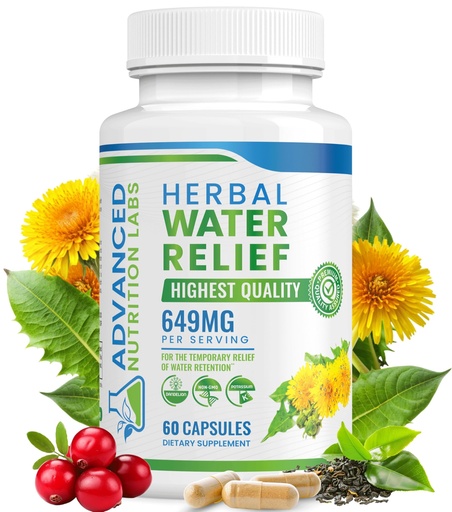 [BRSWKYDRAQEGA2LI] Herbal Water Relief Diuretic Water Pills for Water Retention, Bloating, Swollen Legs, Feet - Dandelion Extract Supplement - Water Retention Loss - Diuretics for Women & Men - 60 Capsules