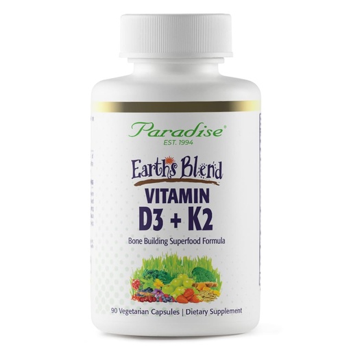 [BRSROAYCBVYBUC3P] Paradise Herbs Earth's Blend Vitamin D3 + K2, Superfoods Base of Probiotics and Organic Alkalizing Greens, Veggies & Berries, 90 Vegetarian Capsules