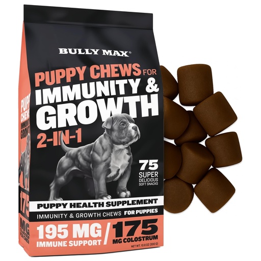 [BRSW2ATYDMDWCHYU] Bully Max 2-in-1 Puppy Vitamins, 75 Soft Chews for Immunity & Growth - Dog Multivitamin Supplement with Probiotics & Colostrum for Gut Health, Immune Support - Food Topper, All Breeds, Made in USA