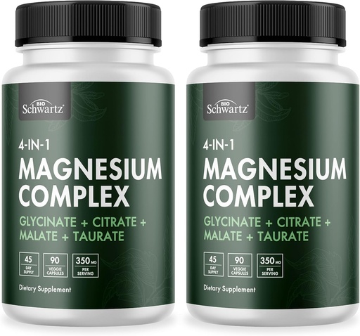 [BRSRAGQFBYHWMFL4] BioSchwartz Magnesium Complex Supplement (2 Pack) 350mg Magnesium Glycinate Citrate Malate and Taurate Per Serving for Healthy Nerves Muscles Heart Sleep Support (Vegan, Gluten-Free, Non-GMO)