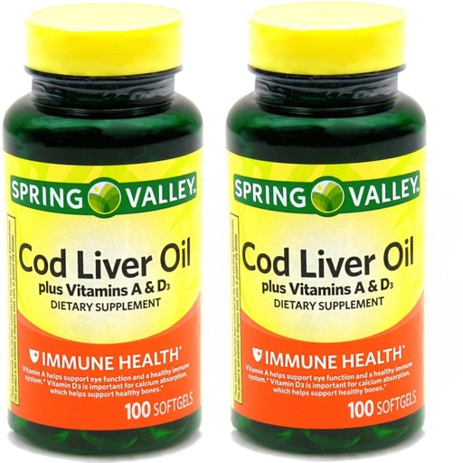 [BRSRMGQ5CB5QYYLZ] Spring Valley - Cod Liver Oil with Vitamin A & D 100 softgels (Pack of 2)