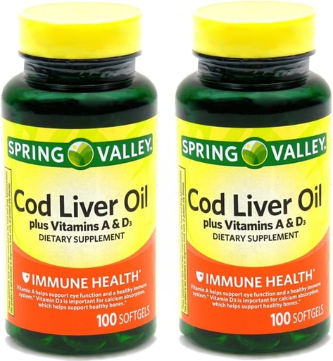 [BRSRMGQ5CB5QYYLZ] Spring Valley - Cod Liver Oil with Vitamin A & D 100 softgels (Pack of 2)