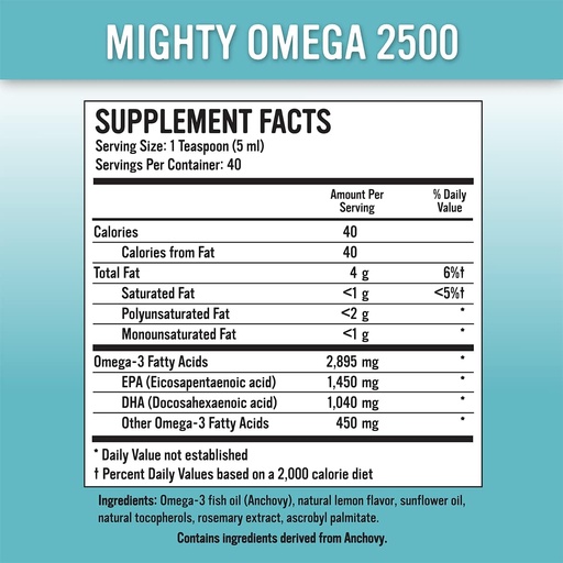 [BRSROYYBBYIBYDT4] Mighty Omega 2500 Potent Omega 3 Supplement - 2500 MG EPA DHA Per Teaspoon - High Dose Omega's 3 Fish Oil - South Pacific Anchovy Sourced - Triglyceride Omegas 3 Fatty Acid Supplement