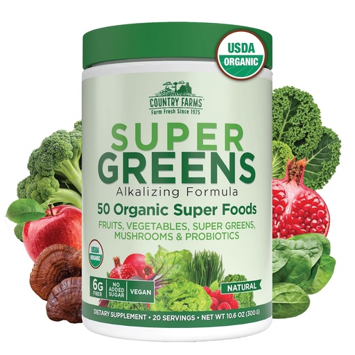 [BRSWKYYNOR7QMYI7] Country Farms Organic Super Greens Natural Flavor, 50 Organic Super Foods, Packed with Fiber, USDA Organic Drink Mix, Fruits, Vegetables, Mushrooms & Probiotics, Supports Energy, 6g Fiber