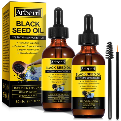 [BRSRAFABAUIRUYDJ] 2 Pack Black Seed Oil Organic Cold Pressed,100% Pure & Natural Liquid Black Seed Oil Cold Pressed Glass Bottle 60ML for Skin Cares, Nourishes and Hydrates Hair