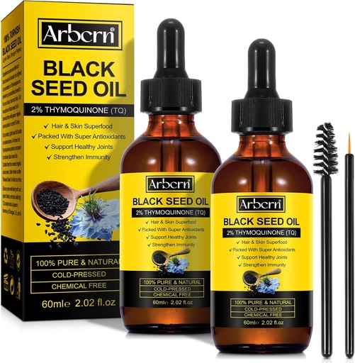 [BRSRAFABAUIRUYDJ] 2 Pack Black Seed Oil Organic Cold Pressed,100% Puro &amp; Natural Liquid Black Seed Oil Cold Pressed Glass Bottle 60ML for Skin Cares, Nourishes and Hydrates Hair