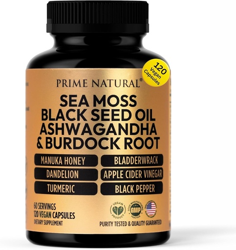 [BRSROCADPMNWCYA2] PRIME NATURAL Sea Moss 3000mg Svart Seed Oil 2000mg Ashwagandha 1000mg Turmeric 1000mg Bladderwrack 1000mg Burdock 1000mg Manuka Honning Dandelion ACV - 120 Capsules | 60 dagers forsyning
