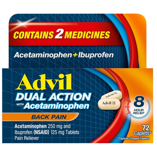 [BRSROEDYCMGQKDTO] Advil Dual Action Back Pain Caplets Delivers 250mg Ibuprofen and 500mg Acetaminophen Per Dose for 8 Hours of Back Pain Relief - 72 Count