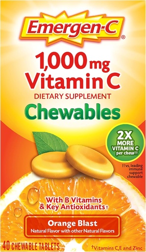 [BRSWKYTYCJ6A4HIZ] Emergen- C tyggetabletter C 1000mg, med B vitaminer og antioxidanter Tablet (40 greve, Orange Blast Flavor), Kosttilskud