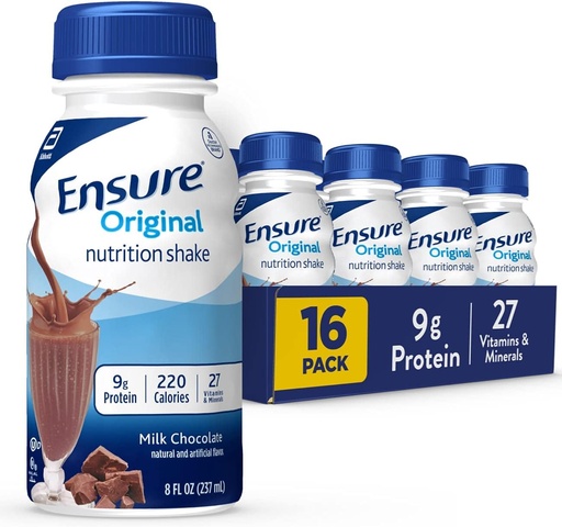 [BRSWIYL2BUPBGAYV] Ensure Original Milk Chocolate Nutrition Shake | Small Meal Replacement Shake | Ready To Drink | 9g Protein, 27 Vitamins and Minerals | 8 fl oz - 16 Pack