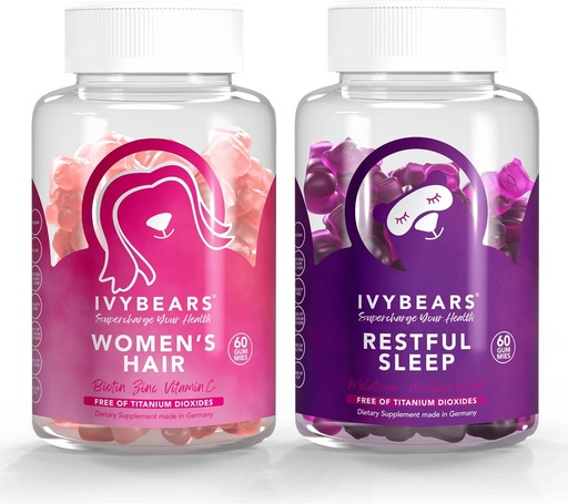[BRSRAATYCIMBYYIY] IvyBears® Hair & Sleep Gummies עבור נשים - ויטמין שיער ביוטין + Fast-Acting Melatonin עם מרגיע הבוטנים - Beauty & Sleep Support - 2Pack