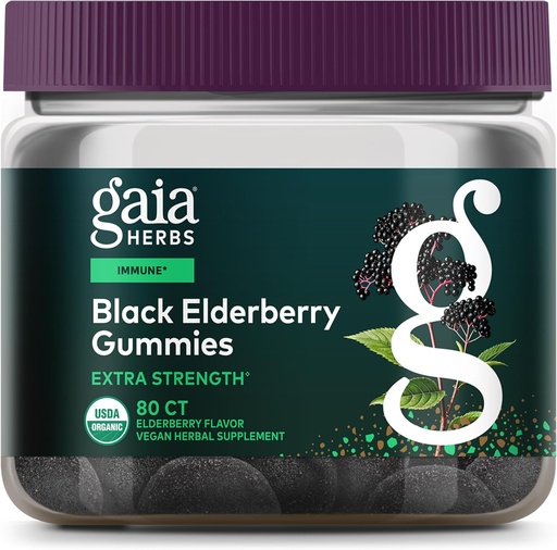 [BRSWY2YFAAMAYA3P] Gaia Herbs Black Elderberry (Sambucus Nigra) Extra Force Gummies - Delicious Immune Support Addition - Pagaminta su sertifikuotais organiniais juodaisiais elderbergais imuninei sistemai remti - 80 Gummies