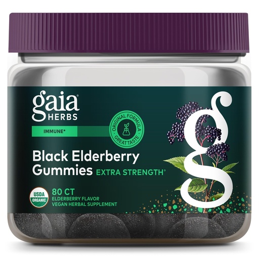 [BRSWY2YFAAMAYA3P] Gaia Herbs Black Elderberry (Sambucus nigra) Extra Strength Gummies - Delicious Immune Support Supplement* - Certified Organic Black Elderberries for Immune System Support* - 80 Gummies (40 Servings)