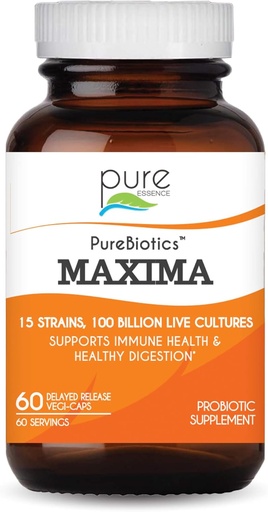 [BRSWIBIDCRYWOCDM] PURE ESSENCE LABS Maxima Probiotics 100 Billion CFU - Men & Women Probiotic Supplement for Better Digestion - 15 Strains for Immune Support and Digestive Health (60 Capsules)
