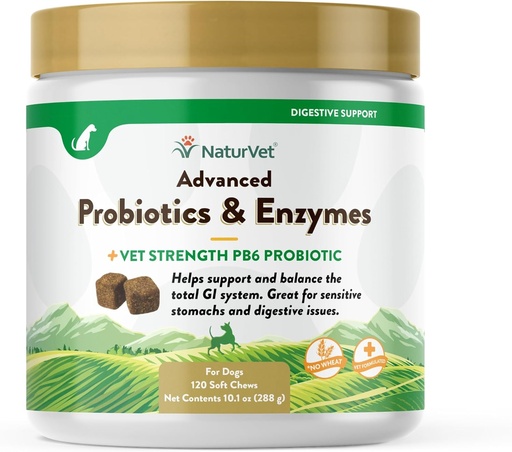 [BRSWKZDQAUFRQCLO] NaturVet Advanced Probiotics & Enzymes, PB6 Dog Soft Chews to Help Sensitive Stomachs and Digestive Issues, Hickory Smoked Bacon Flavored Pet Supplement for Dogs Over 6 Weeks, 120 Count Jar