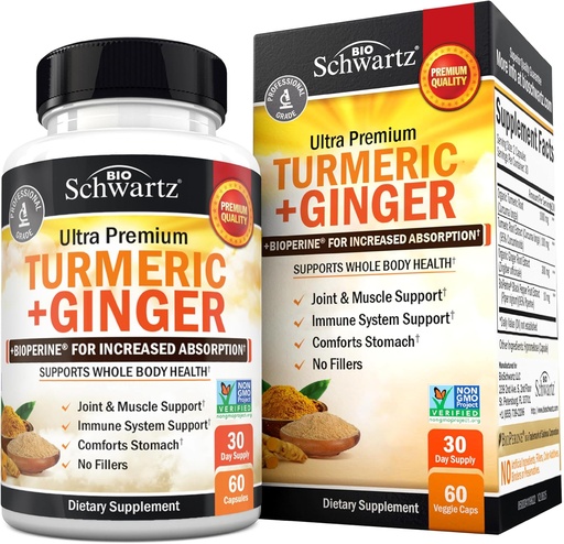 [BRSWGCTYDF5WKALJ] Turmeric Curcumin og Ginger Supplement - 95% Standardiserte Curcuminoids med BioPerine Black Pepper ekstrakt for ultra høy absorpsjon - Naturlig felles støtte Supplement - Glutenfri - 60 kapsler