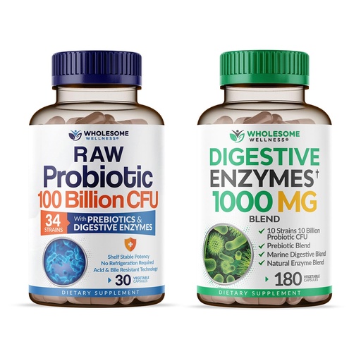 [BRSROBA3CQIRQYAV] Wholesome Wellness Organic Probiotics 100 Billion CFU + Digestive Enzymes 1000mg with Prebiotics Bundle
