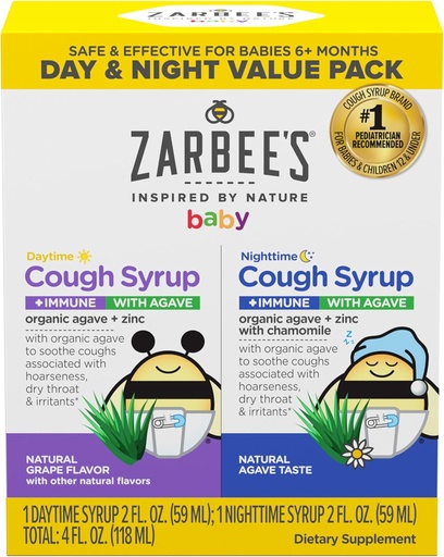 [BRSROCYYCAARYCLB] Zarbee's Baby Day & Night Cough Medicine & Syrup Value Pack koos orgaanilise Agave + tsink immuunsuse toetamiseks, looduslik viinamarjade päevane ja kummel öö, Baby Cough Medicine, 2 x 2 fl oz