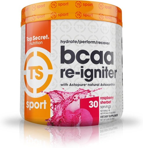 [BRSWKHYTOF7AKYD3] Top Secret Nutrition BCAA Re-Igniter Vegan Amino Acid Supplement with Astaxanthin and Electrolyte, Hydration Blend with Coconut water, 9.80 oz (30 servings), Raspberry Sherbet