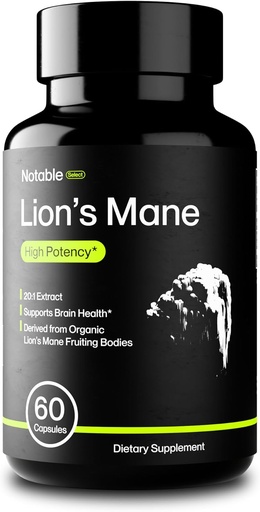 [BRSRAAYBB4FBYGQZ] Notable Select Lion's Mane Mushroom Supplement | 20:1 Extract | Premium Cognitive Support | Organic | Lab-Tested | Pure Ingredients (1 Bottle / 1-Month Supply)