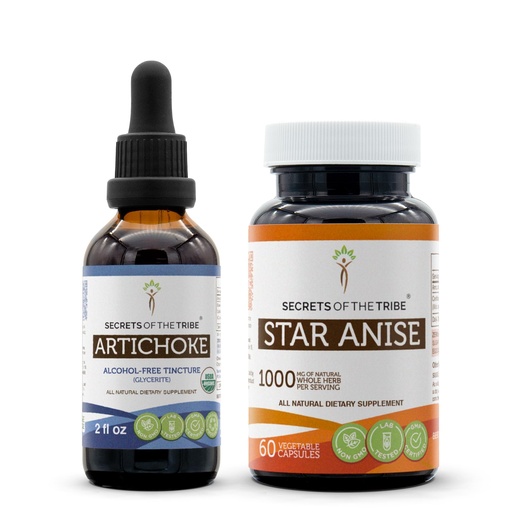 [BRSROEIPAAAWE2YZ] Artichoke USDA Organic and Star Anise Capsules (2 pcs.) | Alcohol-Free Organic Artichoke (Cynara scolymus) Dried Leaf 2 oz and 1000 mg Star Anise (Illicium verum) Dried Seed (60 Capsules)