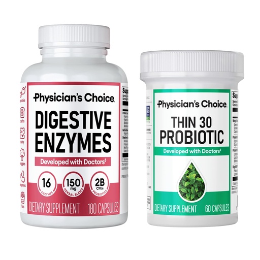 [BRSROAQCBUGQGA35] Physician's CHOICE - Beat Bloat + Support Weight Management Bundle: Digestive Enzymes 180ct + Thin-30 Probiotic 60ct - Value Pack