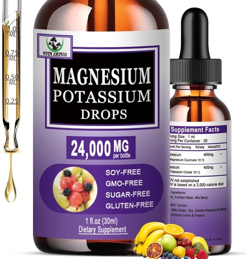 [BRSRAGIHDMGREELF] Magnesium Glycinate with Potassium Supplement,Liquid Magnesium Glycinate 500mg Potassium Citrate 500mg, Magnesium Liquid Drops for Vascular, Bone, Heart, Muscle & Nerve Health,Non-GMO,Vegan