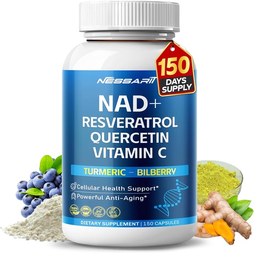 [BRSRAZYEBMNRAYDZ] NAD+ RESVERATROL Supplement- 10-in-1 Natural Blend with Quercetin Turmeric Berberine Bilberry Green Tea - 150 Count - Made & Tested in The USA