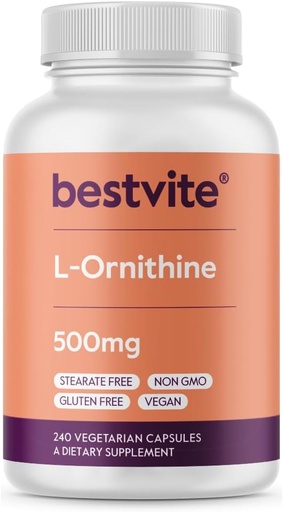 [BRSWGFL3C4BRG3DU] BESTVITE L-Ornithine 500mg (240 Vegetarian Capsules) - No Stearates - No Fillers - Vegan - Non GMO - Gluten Free