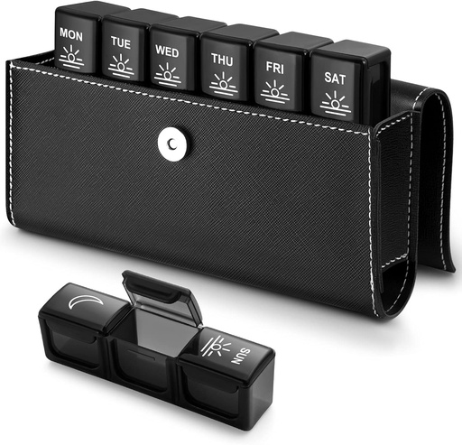 [BRSWYGQQC4FQGC32] BUG HULL 3x a Day Pill Organizer With PU Case - Weekly Travel Medicine Box for 3 Times a Day