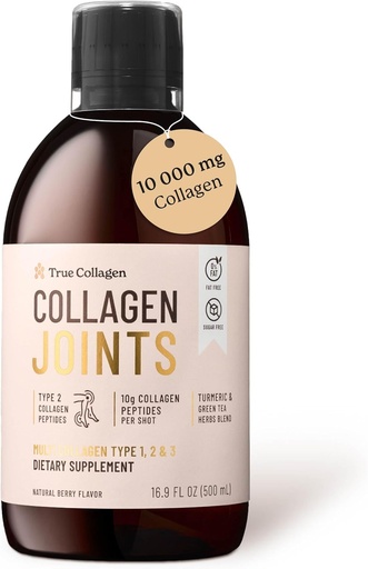 [BRSW2FD7OYMQK2QY] True Collagen Joints | 10,000 mg Hydrolyzed Collagen Liquid Supplement - 500 ml, 20 Day Supply | Glucosamine, MSM and Chondroitin to Support Joints | Fat-Free, Sugar-Free, 100% Natural Berry Flavor