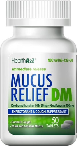 [BRSW2CAYOAJRQELU] HealthA2Z® Mucus Relief DM-Dextrométhorphane HBr 20mg-Guaifenesin 400mg-D Non Benzène-Doux, libération immédiate, non enrobé (50 Nombre (paquet de 1))