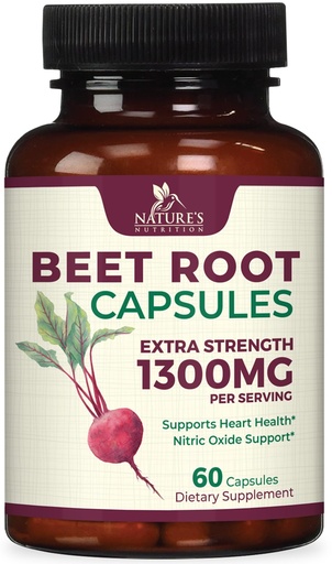 [BRSWYZQCDMFRSHL6] Beet Root Capsules - 1300mg per Serving - Extra Strength Organic Beetroot Powder Supplement - Supports Nitric Oxide Production, Heart Health & Natural Energy - Bottled in USA - 60 Veggie Capsules