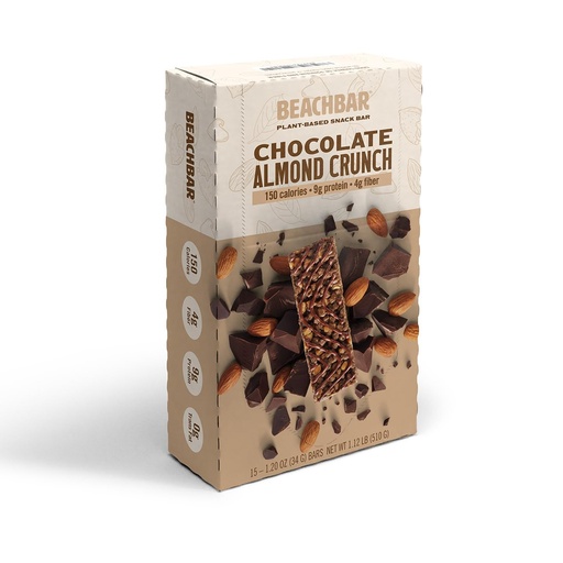 [BRSRAFIPOR6B63D2] BODi BEACHBAR Plant-Based Chocolate Almond Crunch – Protein Rich Vegan Snack Bar, Gluten-Free, Low Glycemic Index, 10g Protein, 150 Calories, 15 Bars per Box