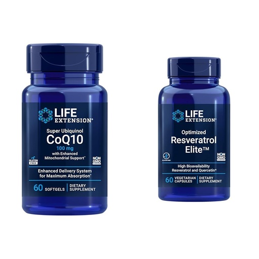 [BRSRAYIKDIMAMYL4] Life Extension Super Ubiquinol CoQ10 60 Softgels and Optimized Resveratrol Elite 60 Vegetarian Capsules Bundle