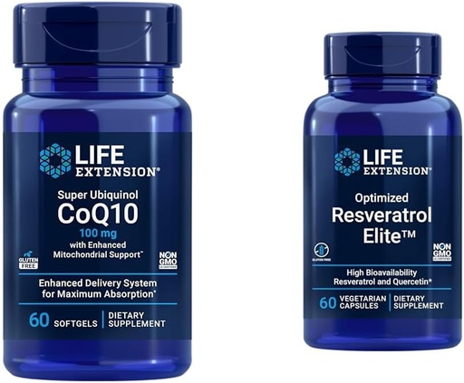 [BRSRAYIKDIMAMYL4] Life Extension Super Ubiquinol CoQ10 60 Softgels ja optimoitu Resveratrol Elite 60 Kasvissyöjä Kapselit Bundle