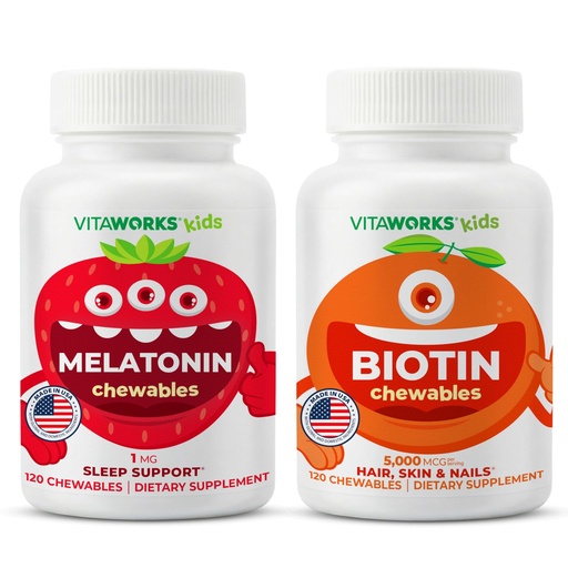 [BRSROEL7CANAI3YZ] Kids Melatonin 1mg Chewables + Biotin 5000mcg Chewables Bundle