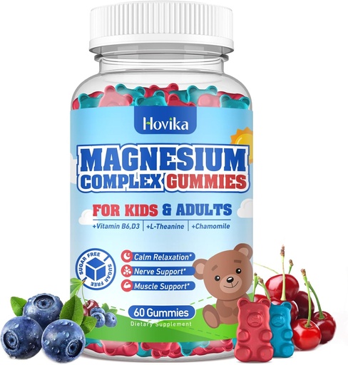 [BRSROCYFCEHQMF32] Bambini Magnesio Gummies - Magnesio Glycinate Citrato Supplemento masticabile con vitamina B6, D3, Fiore della passione, L-teanina - Zucchero Magnesio Calma Gratuito per Bambini & Adulti Sonno, Mood, Relax, 60 Chews