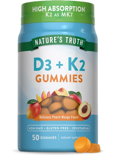 [BRSW2BQ3DJ5AICDF] Nature's Truth Vitamin D3 + K2 Gummies | 50 Count | Peach Mango Flavor | Vegetarian, Non-GMO & Gluten Free Supplement
