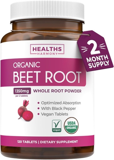 [BRSWGBA3BYAQKYLL] USDA Organic Beet Root Powder (120 tabletter) 1350mg Beets Per servering med sort peber til ekstra absorption - Super Antioxidant og Nitrat supplement til atletisk ydeevne og Stamina- ingen kapsler