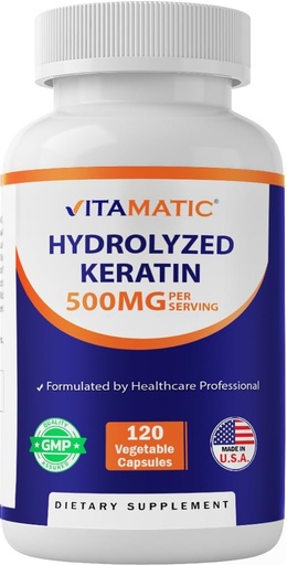 [BRSROCD7PMPBSYIY] Vitamatic Hydrolyzed Keratin 500mg per Serving - 120 Vegetarian Capsules - Keratin Supplements for Healthy Hair Skin & Nails for Adults