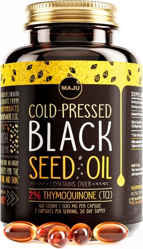 [BRSWYZYNBADQAYA2] Maju Superfoods Black Seed Oil Capsules - Cold Pressed, 2% Thymoquinone, 100% Turco Negro Cumin Nigella Sativa Seed Oil, Liquid Pure Blackseed 60 Cuenta, 500 mg por cápsula