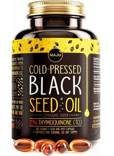 [BRSWYZYNBADQAYA2] Maju Superfoods Black Seed Oil Capsules - Cold Pressed, 2% Thymoquinone, 100% Turkish Black Cumin Nigella Sativa Seed Oil, Liquid Pure Blackseed 60 Count, 500mg per Capsule