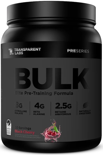 [BRSROGAECEFBYDYZ] Transparent Labs Bulk Black Pre Workout - Clinically Dosed, Sugar Free Preworkout for Men and Women with Beta Alanine Powder, Citrulline Malate, & Caffeine - 30 Servings, Black Cherry