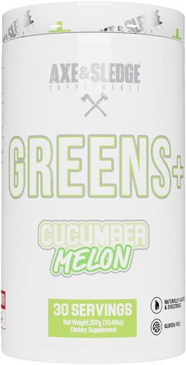 [BRSRAYY3CUPBEFLZ] Axe & Sledge Greens+ Superfood Powder | Greens Juice, Probiotics, Digestive Enzymes, Ashwagandha, Coconut Water Powder | Naturally Flavored & Sweetened, 30 Servings, Plus V2 Cucumber Melon