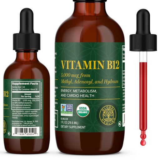 [BRSWYYY5B4IBA2YU] Global Healing Center - Vitamin B12 Sublingual 5000 MCG Organic Liquid Supplement, Methylcobalamin, Adenosylcobalamin, Hydroxo Long-Lasting Energy and Healthy Metabolism - Vegan B12 Vitamins (1 Oz)